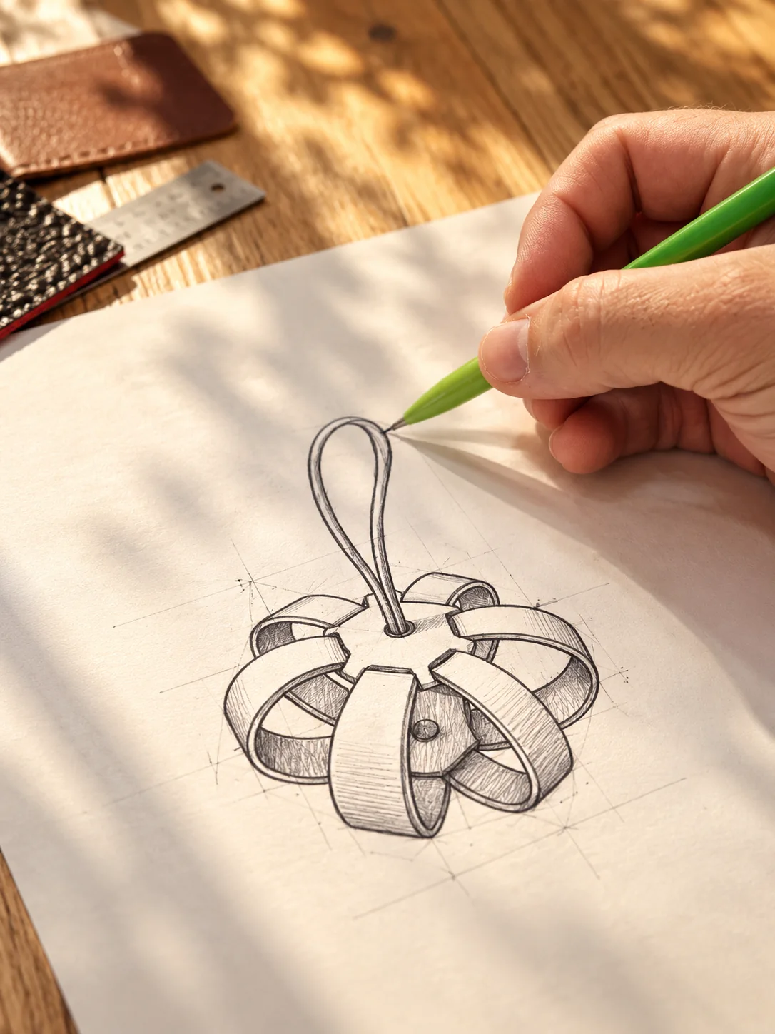 Croquis d’ornement et outils de dessin à la lumière de l’atelier