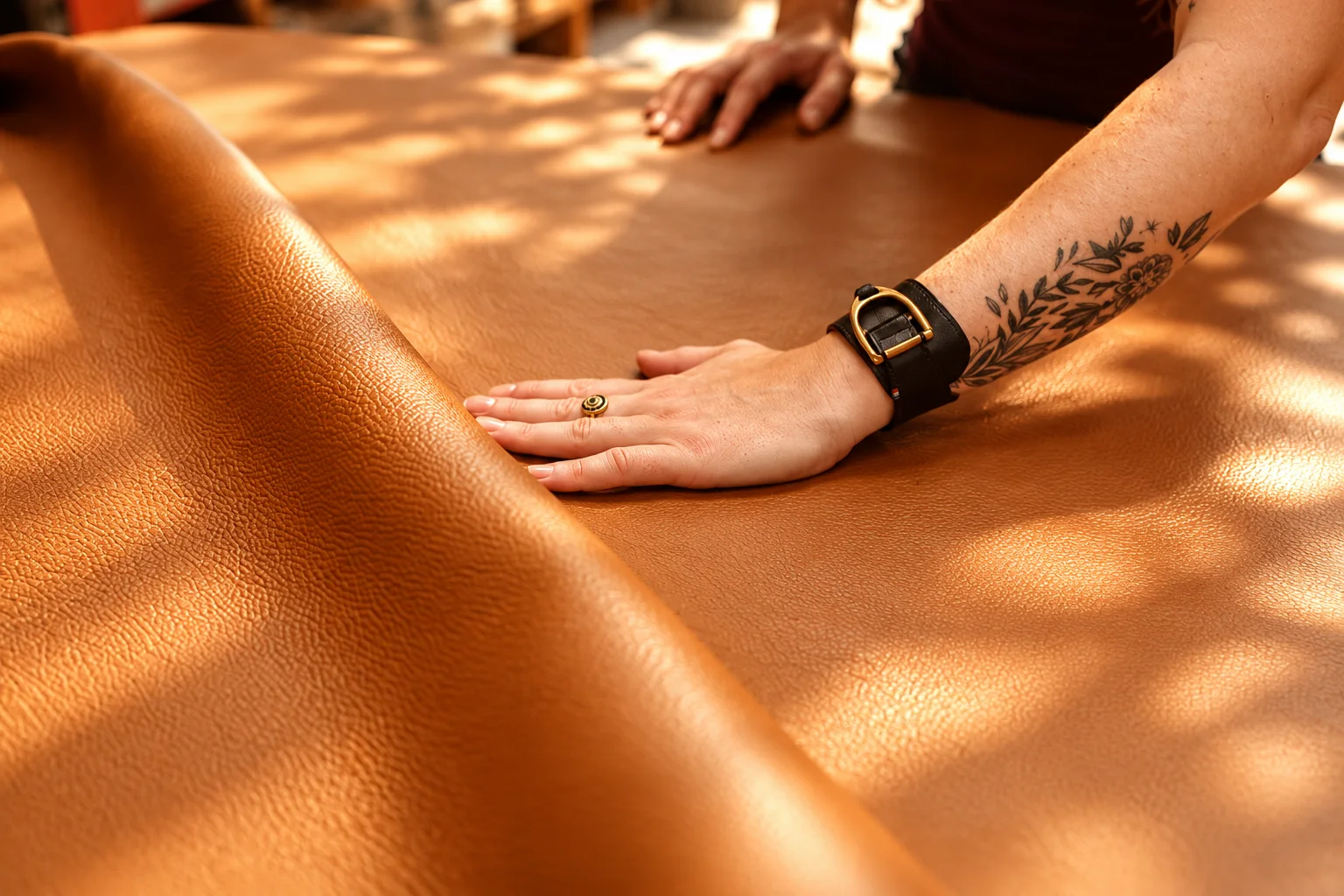 Travail à la main sur une pièce de cuir caramel