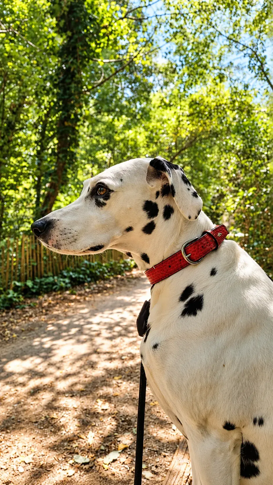 Dalmatien portant un collier rouge en cuir, en forêt