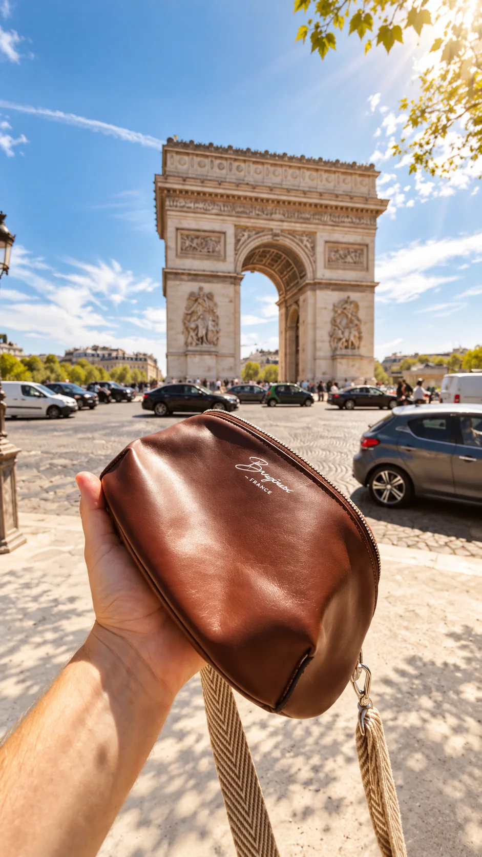 Pochette en cuir Brugères photographiée en extérieur